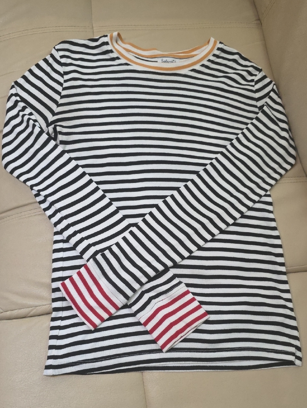 Splendid Striped Long Sleeve Tee with Red Cuff and Yellow Neckline Women's XS